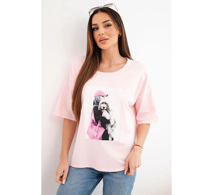 Dámská bavlněná oversize halenka s krátkým rukávem a módním potiskem pudrově růžová