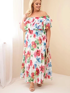 Dámské Plus Size maxi šaty s volánem, odhalenými rameny a elastickým pasem fuchsiové