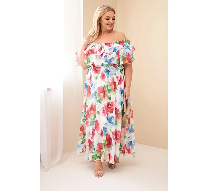 Dámské Plus Size maxi šaty s volánem, odhalenými rameny a elastickým pasem fuchsiové