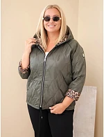 Dámská bunda Plus Size s kapucí a leopardím lemováním khaki