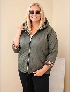 Dámská bunda Plus Size s kapucí a leopardím lemováním khaki