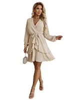 671-1 Smyslné mini šaty s obálkovým výstřihem - béžové 671-1 Smyslné mini šaty s obálkovým výstřihem - béžové