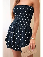 Dámský viskózový overal s puntíky s volánem tmavě modrý