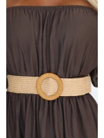 model 21229982 Maxi šaty v boho stylu s odhalenými rameny a páskem CHOCOLATE - numoco basic