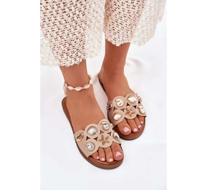 Dámské Pantofle Na Plochém Podpatku Se Zlatými Béžové model 21698998 - Boto Dámské Pantofle Na Plochém Podpatku Se Zlatými Béžové model 21698998 - Boto