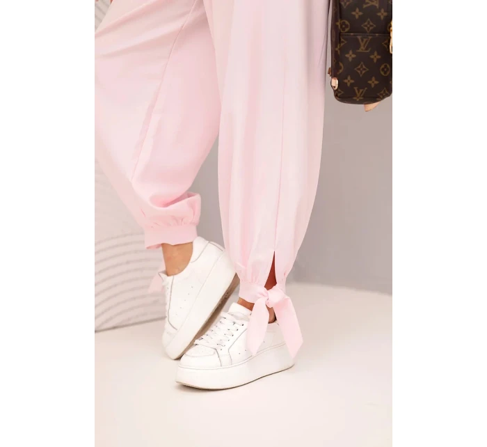 Dámské kalhoty s širokými nohavicemi a zavazováním dole cukrově růžový