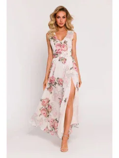 Dámské šifonové šaty model 21105543 model 2 Ecru s květy - Moe