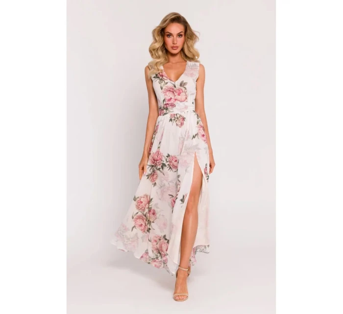 Dámské šifonové šaty model 21105543 model 2 Ecru s květy - Moe Dámské šifonové šaty model 21105543 model 2 Ecru s květy - Moe