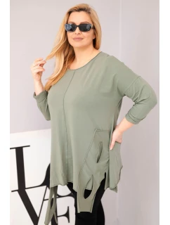 Dámská bavlněná blůza Plus Size s asymetrickým spodním lemem a výřezy khaki