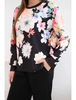 Dámský komplet z měkké viskózy s květinovým vzorem a širokou nohavicí černý