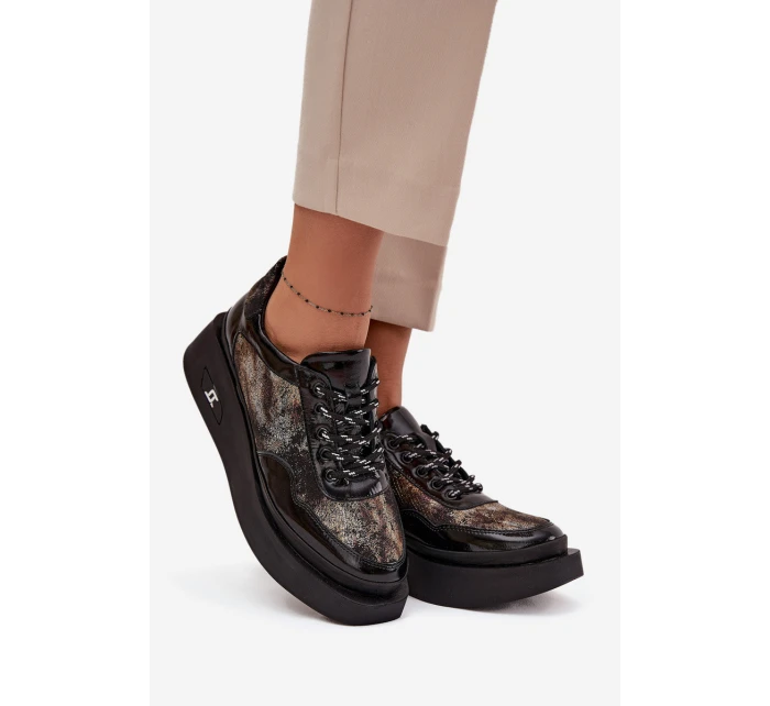 Dámské kožené šněrovací polobotky na platformě Artiker – černo/zlaté