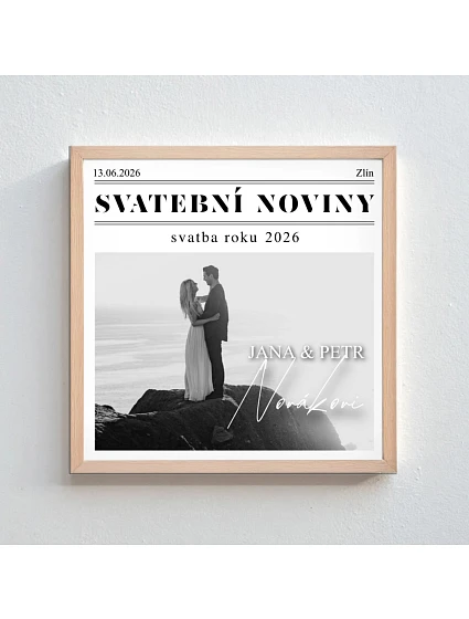 Personalizovaný magický fotoobraz v rámu - čtverec 20x20 - svatební noviny Personalizovaný magický fotoobraz v rámu - čtverec 20x20 - svatební noviny