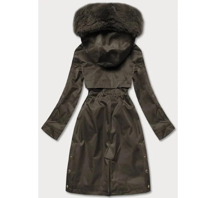 Dámská zimní bunda v khaki barvě s podšívkou z mechovité kožešiny (b537-11)