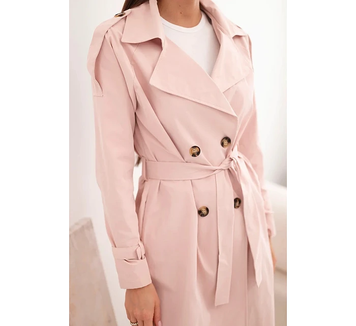 Dámský kabát model 22084717 v pase s límcem tmavý pudrový růžový - K-Fashion Dámský kabát model 22084717 v pase s límcem tmavý pudrový růžový - K-Fashion