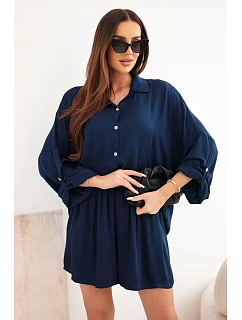 Dámský viskózový komplet košile s knoflíky a volné šortky námořnická modrá