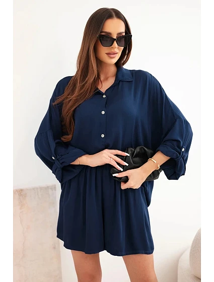 Dámský viskózový komplet košile s knoflíky a volné šortky námořnická modrá