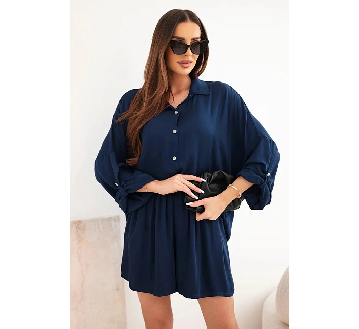 Dámský viskózový komplet košile s knoflíky a volné šortky námořnická modrá