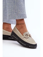 Lesklé kožené dámské mokasíny na platformě s ozdobou S.Barski LR750 zlaté