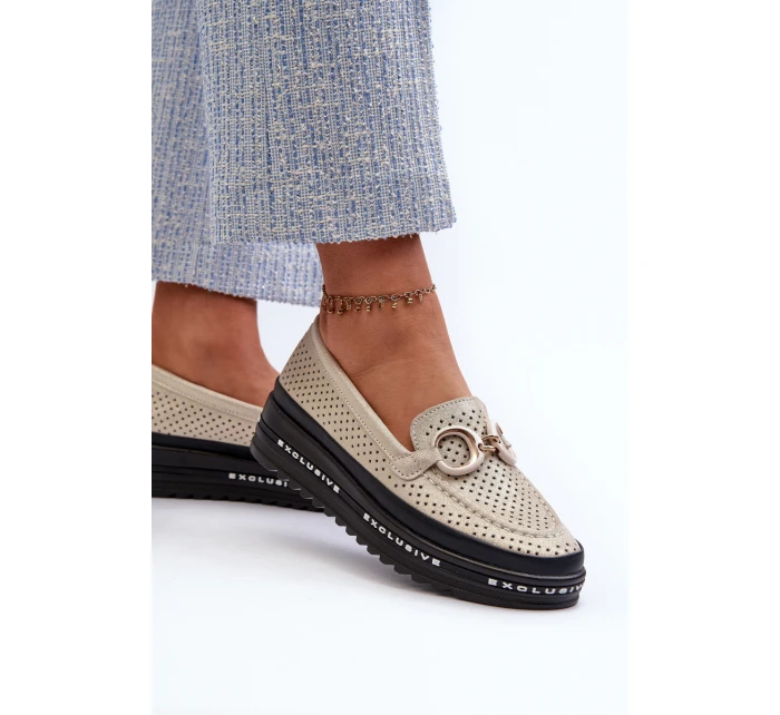 Lesklé kožené dámské mokasíny na platformě s ozdobou S.Barski LR750 zlaté