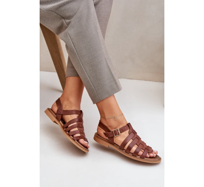 Kožené sandály na plochém podpatku hnědé Zazoo model 21682324 - Boto Kožené sandály na plochém podpatku hnědé Zazoo model 21682324 - Boto