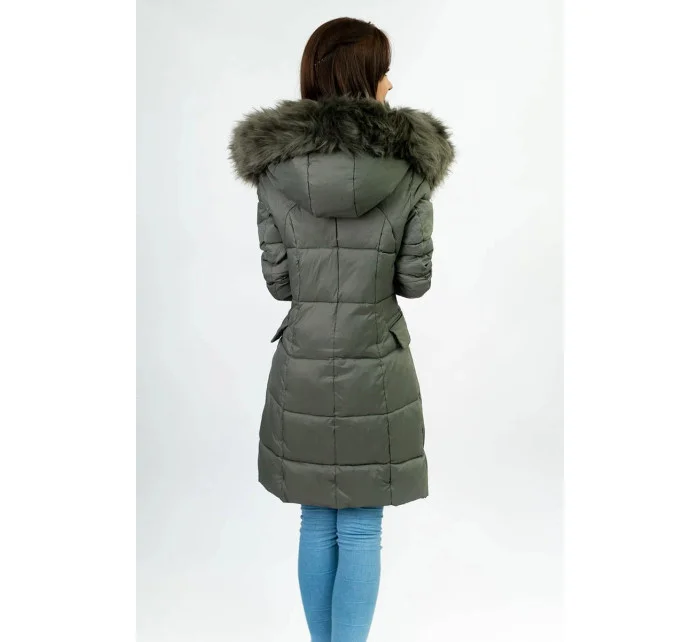 Prošívaná dámská zimní bunda v khaki barvě s kapucí (aura) Prošívaná dámská zimní bunda v khaki barvě s kapucí (aura)