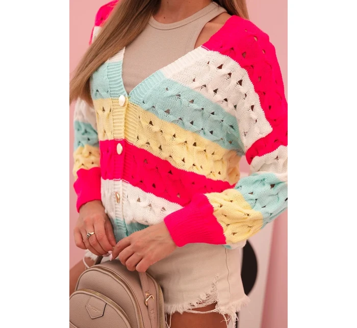 Dámský svetr s proužky a výstřihem do V v barvě fuchsie + žlutý