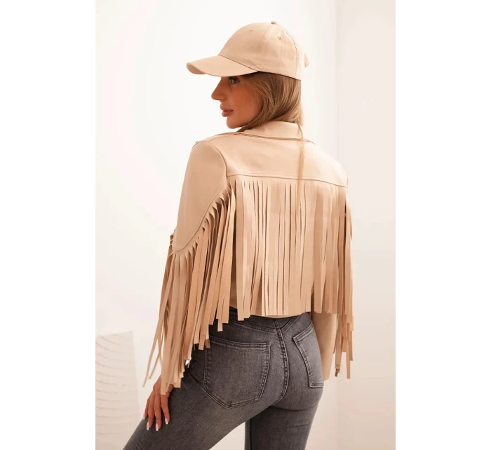 Dámská bunda z eko kůže s třásněmi v boho stylu světlá camelová Dámská bunda z eko kůže s třásněmi v boho stylu světlá camelová