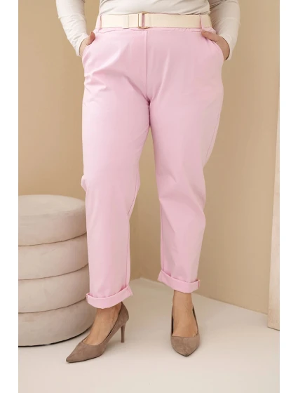 Dámské bavlněné kalhoty Plus Size s páskem světle růžové