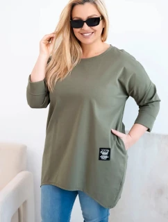 Dámská blůza Plus Size s delším zadním dílem a dlouhým rukávem khaki