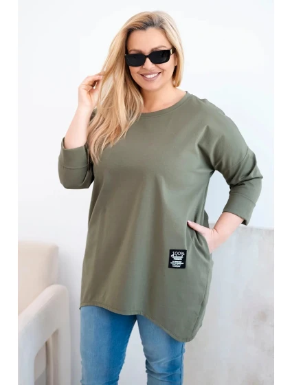 Dámská blůza Plus Size s delším zadním dílem a dlouhým rukávem khaki