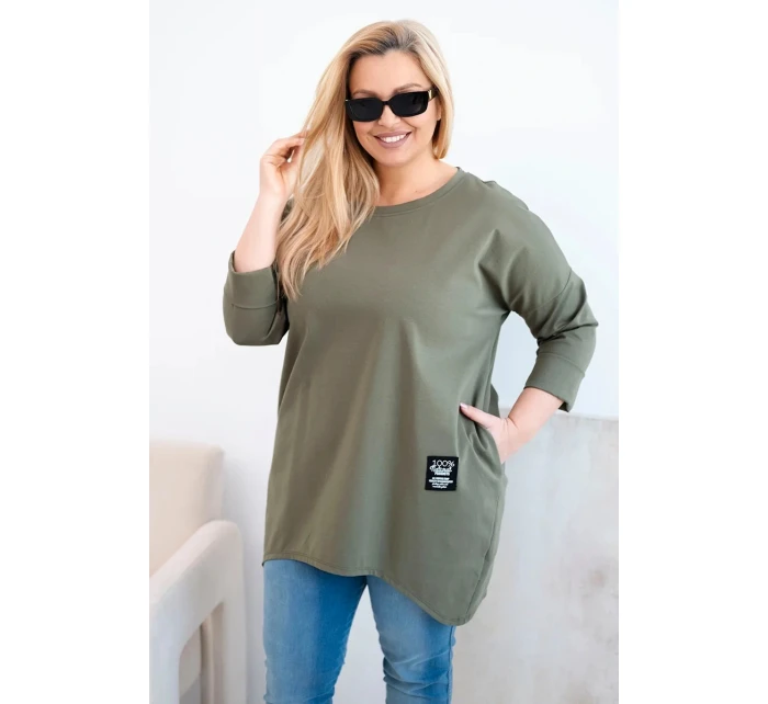 Dámská blůza Plus Size s delším zadním dílem a dlouhým rukávem khaki