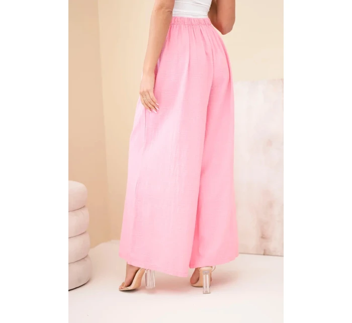Dámské široké bavlněné kalhoty s gumou v pase cukrově růžová Dámské široké bavlněné kalhoty s gumou v pase cukrově růžová