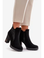 Zateplené dámské boty na vysokém podpatku s výšivkou černé model 21669227 - Boto