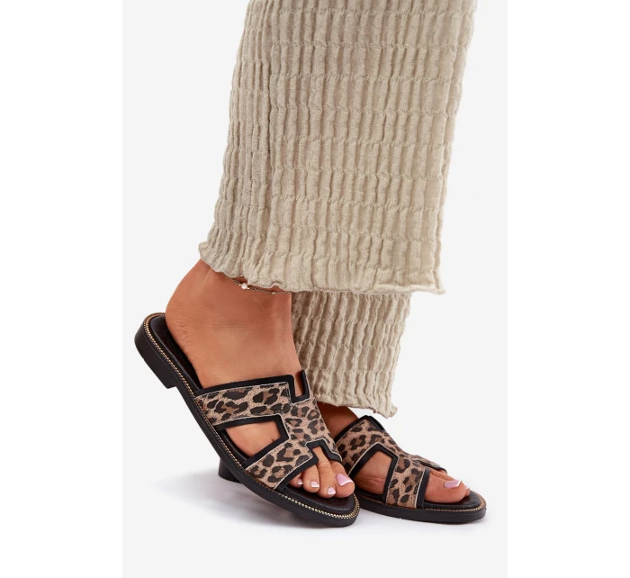 Kožené Ploché Pantofle S Panteřím Vzorem Zazoo 40383 Černé