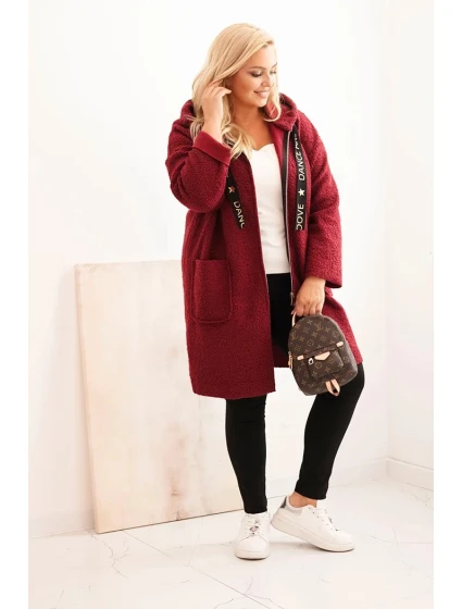 Dámský kabát Plus Size z  s kapucí a kapsami bordový model 22324351 - K-Fashion