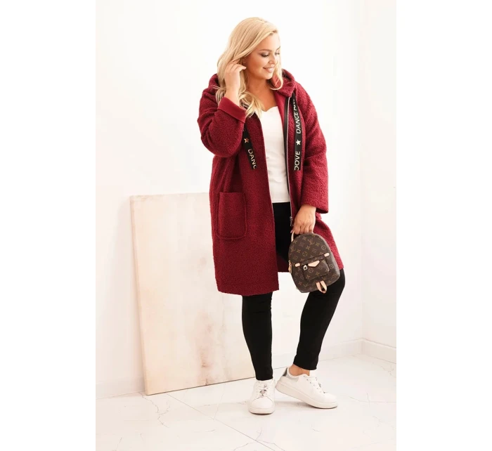 Dámský kabát Plus Size z umělého beránka s kapucí a kapsami bordový