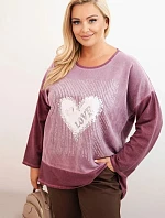 Dámská mikina Plus Size bavlněná s potiskem srdce a šňůrkami tmavě růžová