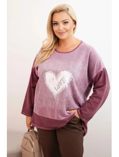 Dámská mikina Plus Size bavlněná s potiskem srdce a šňůrkami tmavě růžová