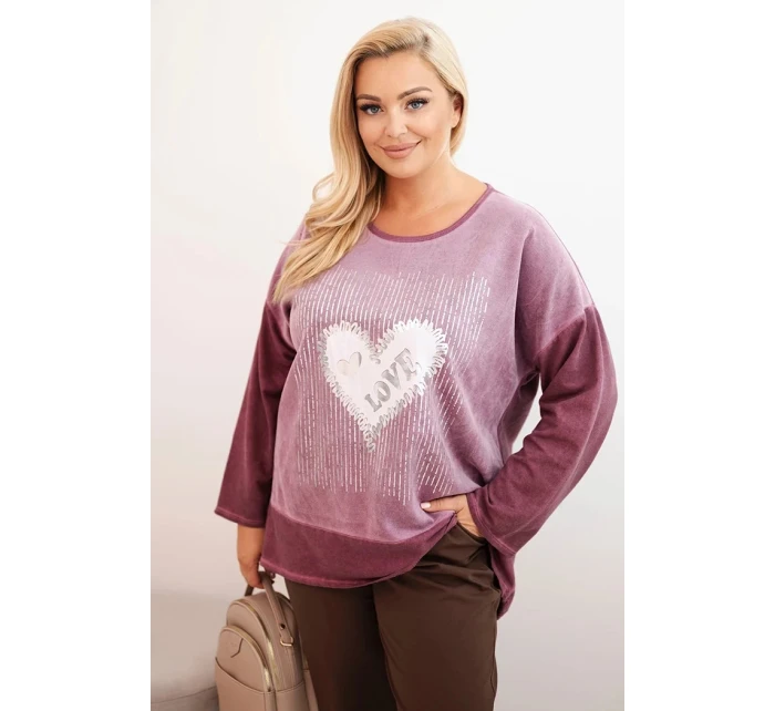 Dámská mikina Plus Size bavlněná s potiskem srdce a šňůrkami tmavě růžová