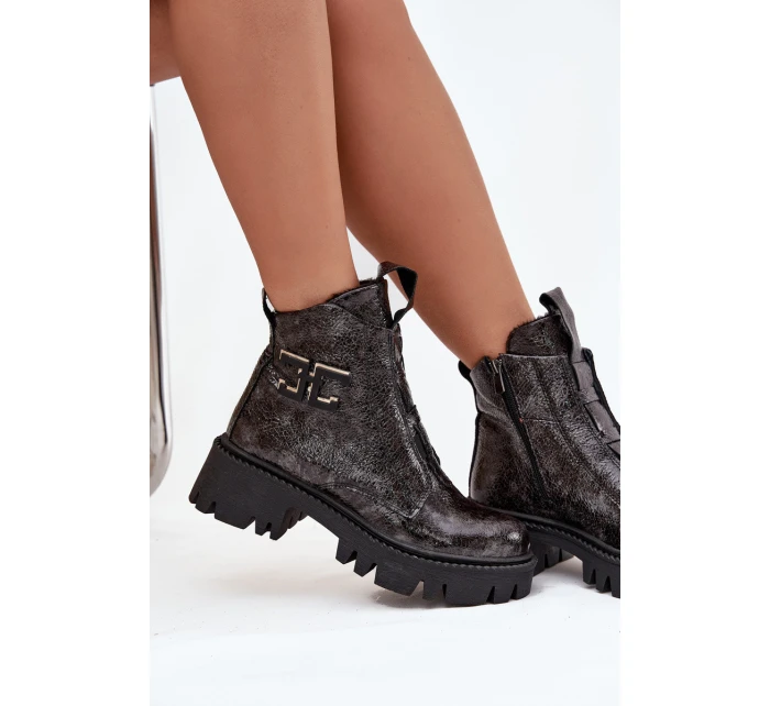 Kožené lakované dámské boty s ozdobou zateplené Artiker 57C2081 grafitové