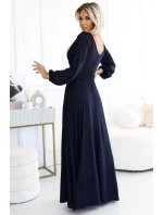 Tmavě modré lesklé dlouhé dámské šaty s výstřihem a dlouhými rukávy model 20614736 - numoco