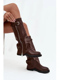 Dámské kozačky s ohrnovaným svrškem, sponou a stříbrným zipem, zateplené Bressa – hnědé