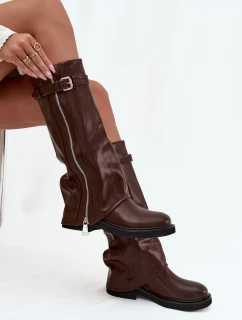 Dámské kozačky s ohrnovaným svrškem, sponou a stříbrným zipem, zateplené Bressa – hnědé