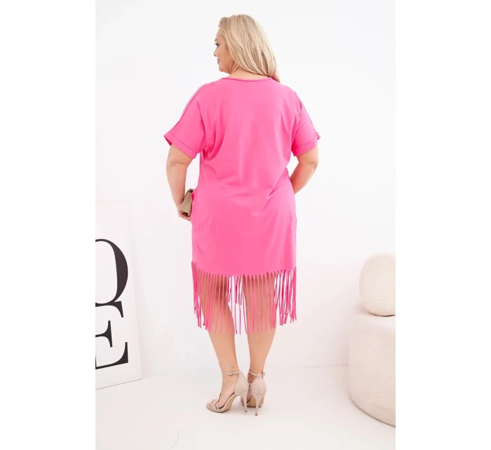 Dámské bavlněné šaty s V výstřihem a třásněmi plus size růžová