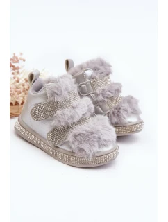 Kožené dětské zimní boty s kožíškem Stříbrné model 21641902 - Boto