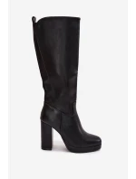 Dámské Kozačky Do Kolena Na Podpatku Eko Kůže Černé model 21705113 - Boto Dámské Kozačky Do Kolena Na Podpatku Eko Kůže Černé model 21705113 - Boto