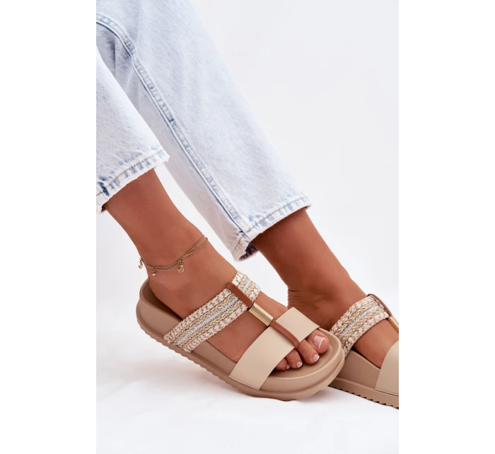 Dámské platformové pantofle se pásky a zlatým detailem Béžové Tahlia