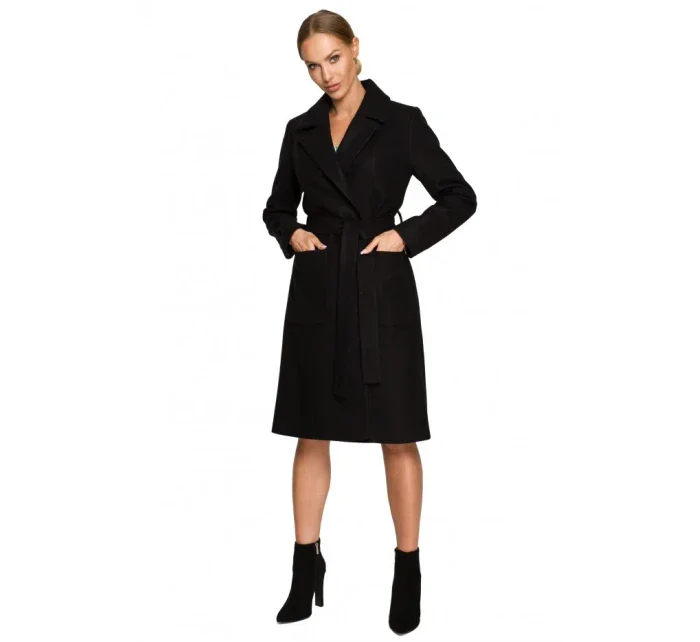 M708 Fleecový kabát s páskem a kapsami - černý