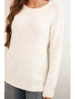Dámský svetr s vlnou s dlouhým rukávem a kulatým výstřihem ecru