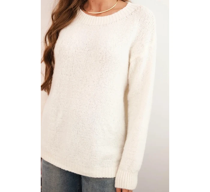 Dámský svetr s vlnou s dlouhým rukávem a kulatým výstřihem ecru